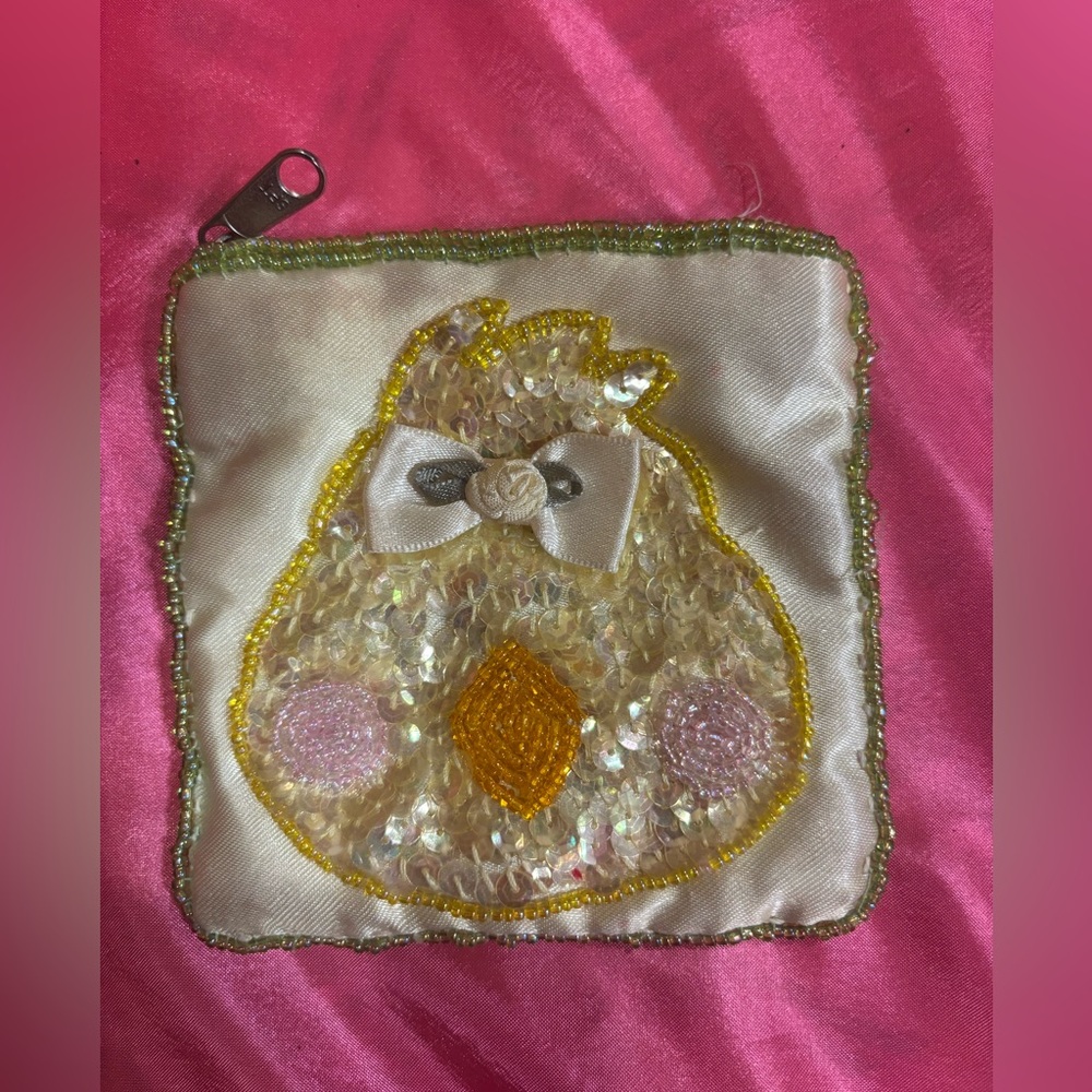 HAND CRAFTED Sequins & beads Chick Design Pouch.Pastel Green.Ideal 4 small items